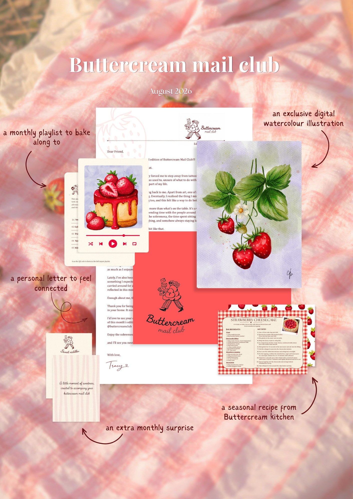 Everything in the August 2026 Buttercream Mail Club envelope laid out together: letter, illustrated print, recipe card, playlist card and riddle card.