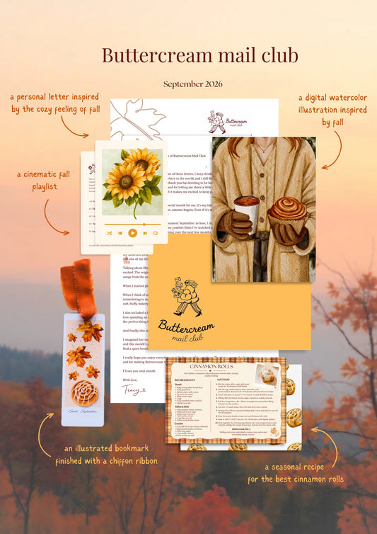 Everything in the September 2026 Buttercream Mail Club envelope laid out together: letter, illustrated print, recipe card, playlist card and bookmark.
