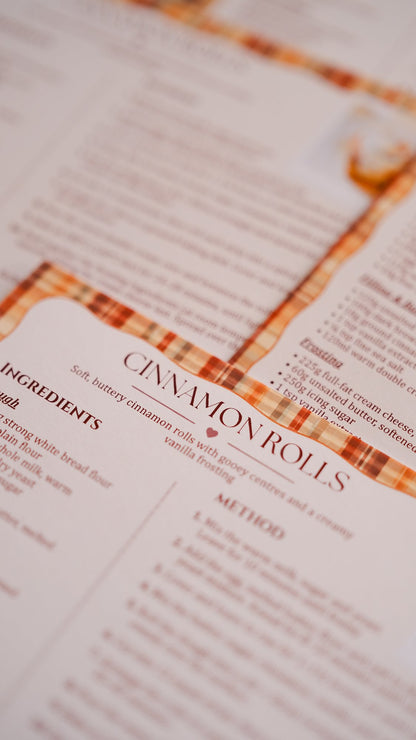 The September 2026 recipe card for cinnamon rolls, with ingredients and numbered method.