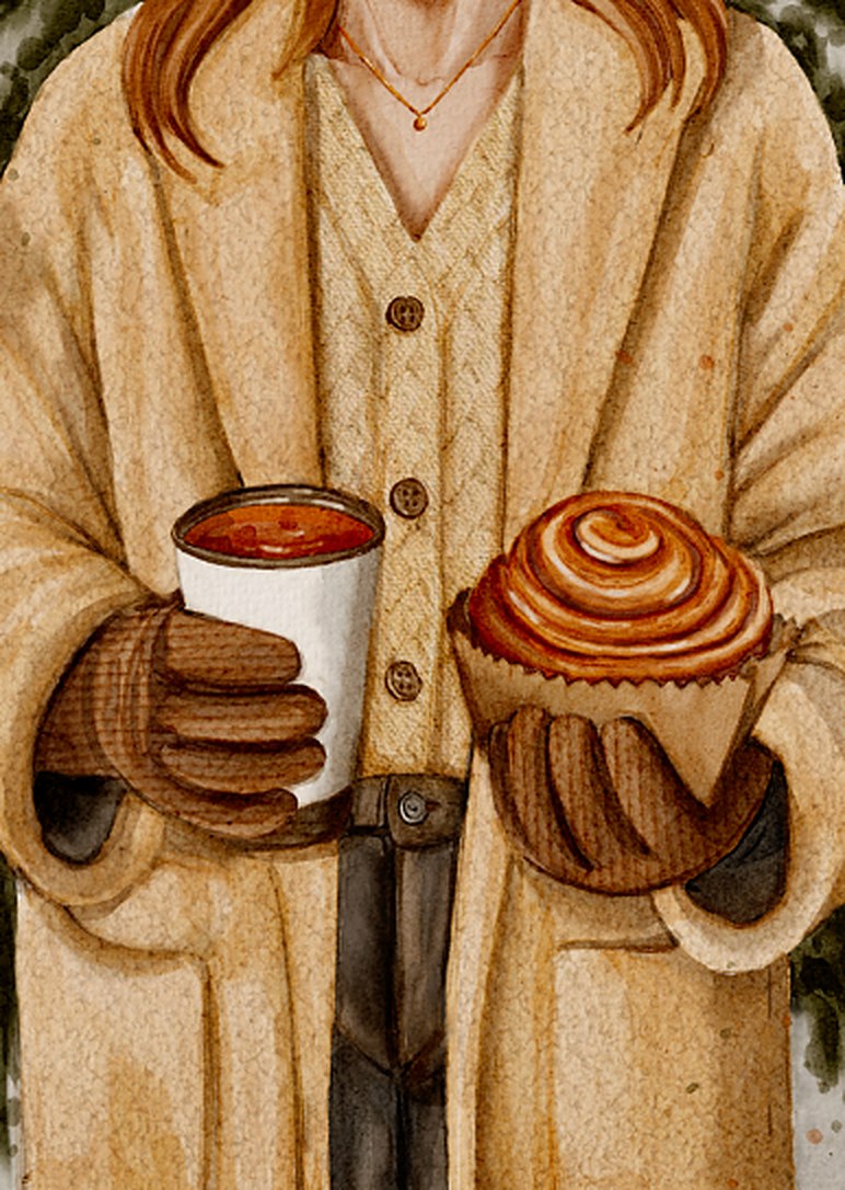 The September 2026 illustrated print: a figure in a cream cable-knit coat holding a coffee and a cinnamon roll.